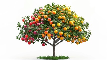 Vibrant fruit tree with a variety of colorful ripe fruits including apples and oranges, against a white background, representing diversity and abundance.