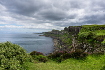 Kilt Rock landscape at Isle of Skye, Scotland, United Kingdom. Highlands of Scotland. Gorgeous landscape. Other side of Kilt Rock waterfall.