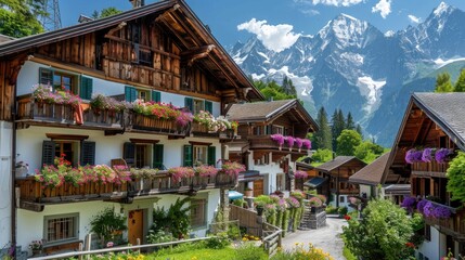 Fototapeta premium A traditional Swiss chalet with wooden balconies and flower-filled window boxes, nestled in a picturesque alpine village surrounded by snow-capped peaks.
