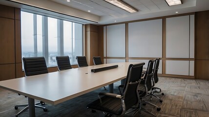 Business Conference Room. Empty modern meeting room with a projector screen is awaiting a team of business professionals in a high rise office building. Bright, clean, modern-style conference room.