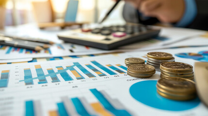 Budget and financial planning concept. Calculate company income and expenses. Corporate finance and annual strategic plan. invest money, business and finance, capital fundraising, loan credit