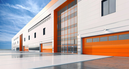 A large white building with orange trim and windows