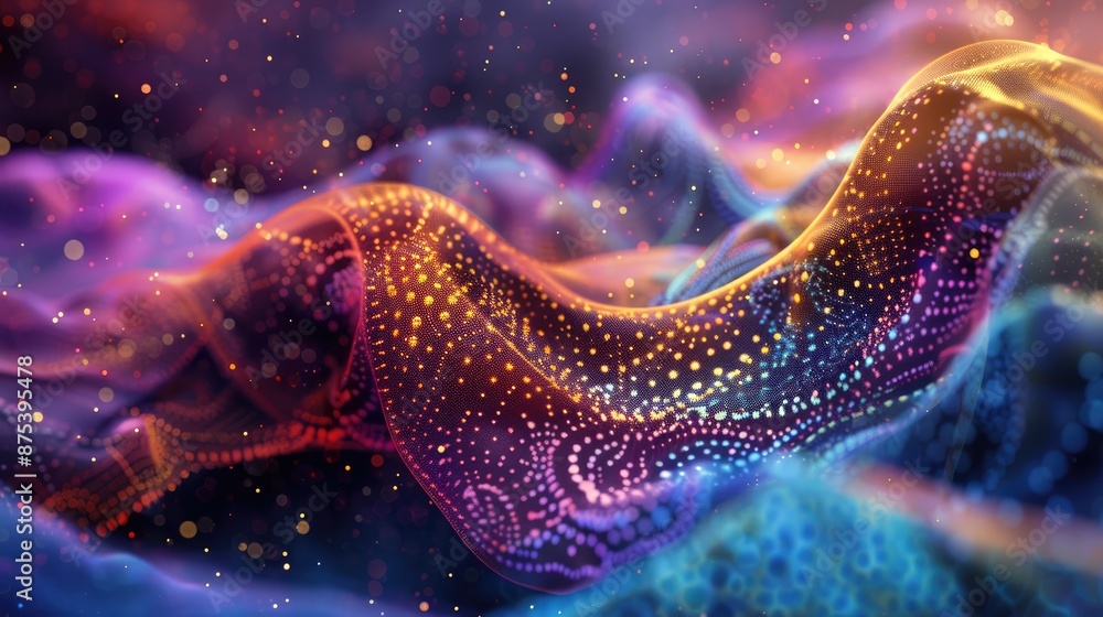 Poster vivid abstract art with vibrant colors and flowing patterns, creating a dynamic, dreamlike visual ex