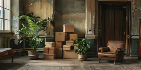 Preparing for Relocation Cardboard Boxes Stacked in Vintage Living Room. Concept Relocation, Cardboard Boxes, Vintage Living Room, Packing, Moving