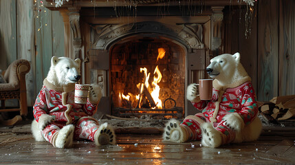  two cute polar bear cubs in pajamas,