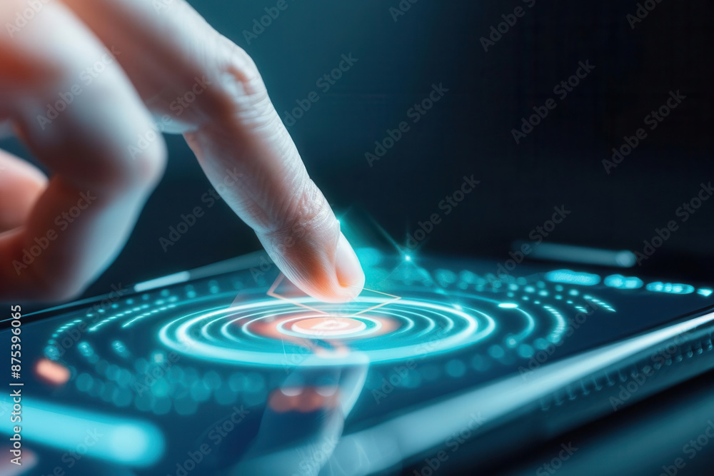 Poster person making a mobile payment with futuristic interface, clean background with space for text