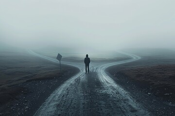 A solitary figure stands at a foggy crossroads, facing a choice between two paths. The misty landscape creates an eerie, contemplative atmosphere.