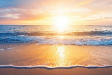 Breathtaking beach sunrise with golden light reflecting on the waves, creating a serene and peaceful atmosphere full of natural beauty.