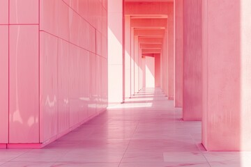 Obraz premium A pink-hued corridor with repeating columns and geometric shapes, creating an ethereal and minimalist architectural space.