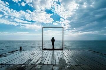 A solitary figure framed by a window structure on a seaside dock, gazing at the horizon under a vast, cloudy sky.