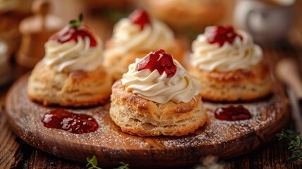 Delicious scones topped with whipped cream and strawberry jam, served on a rustic wooden board. Perfect for a delightful afternoon tea.