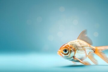 Fototapeta premium Close-up of a goldfish swimming gracefully in clear blue water with a soft bokeh background, creating a serene and tranquil aquatic scene.