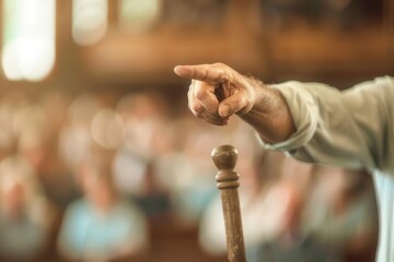 Close-up of a hand making a point during a public speech or discussion, with an audience in the background, in a blurred setting.