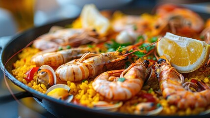 Delicious seafood paella with shrimp, clams, and lemon slices in a large pan, perfect for a gourmet meal or culinary presentation.