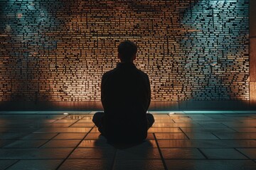 A silhouette sits before a wall of illuminated text, symbolizing immersion in data or information overload.