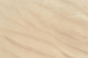 Obraz premium Golden sandy beach, a fashionable swimsuit lying on the sand, ample copy space