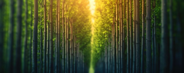 Sunlit path through a dense forest of tall trees.