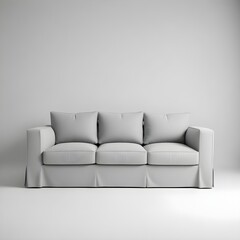 Modern grey fabric sofa with pillows isolated on white background. Front view. Strict style furniture
