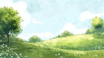 Obraz premium Vibrant sunny meadow with trees and flowers under blue sky with clouds