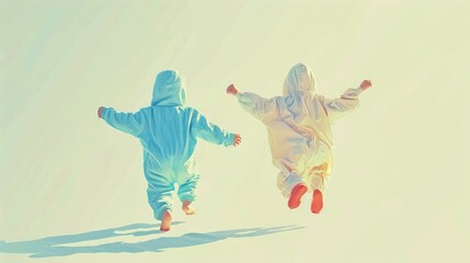 Two children in colorful snowsuits joyfully jump and play in the snow, creating a heartwarming winter scene of carefree childhood moments.