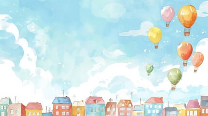 Colorful hot air balloons floating above vibrant city rooftops under sky