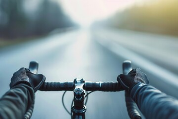 Cyclist's view of a foggy road ahead, emphasizing the handlebars and the rider's hands in gloves, perfect for biking and adventure themes.