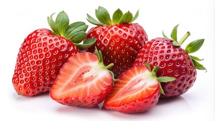 Juicy red strawberries and a single slice on a white background, showcasing their bright delicious color and sweet appeal as a healthy and tasty fruit option.