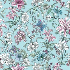 Obraz premium Floral Lily and Carnation Botanical Pattern on Light Blue Background