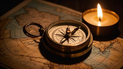 An atmospheric video of an old-fashioned compass and a lit candle placed on a world map, evoking themes of exploration and adventure.
