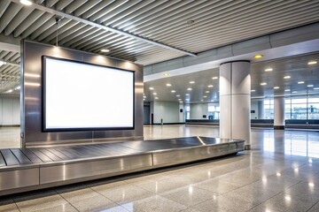 A serene and empty airport scene features a compact blank billboard standing near a baggage claim area, waiting for advertisement placement.