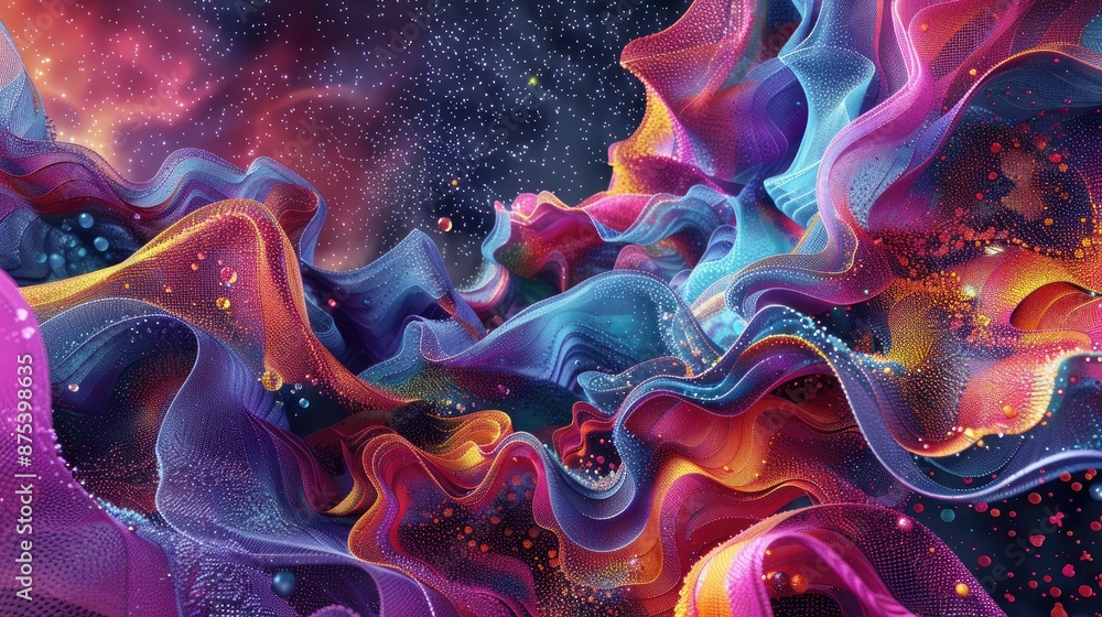 Poster vibrant abstract digital art featuring colorful flowing shapes and cosmic elements, creating a surre