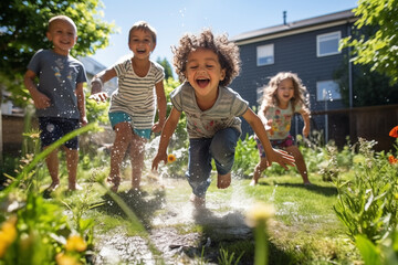 Children playing and having fun in the mud in the yard together