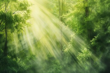 Obraz premium Sunlight filtering through lush green forest, creating a serene and peaceful atmosphere with dappled light and vibrant foliage.