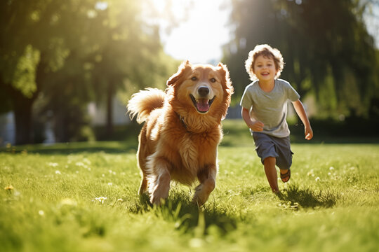 Boy running with a dog in park