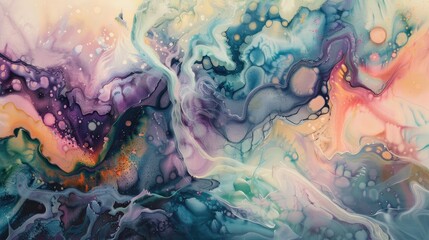 Vibrant abstract fluid art with flowing colors and marbled textures, blending purple, blue, and orange hues in a mesmerizing composition.