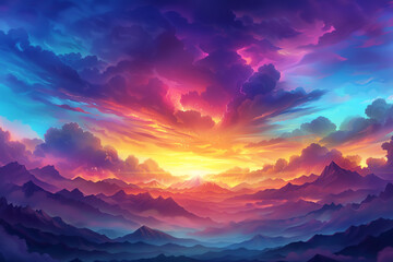 Fototapeta premium A breathtaking sunset over a mountain range with vibrant clouds painted in shades of orange, pink, and purple, Majestic, High detail, Serene and aweinspiring scene