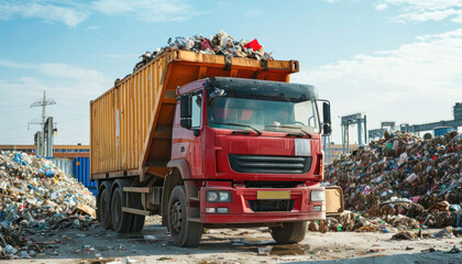 A red dump truck driving over trash on the road, symbolizing a commercial vehicle in motion