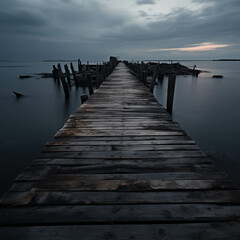 Obraz premium Atmospheric and Mysterious Old Wooden Pier Extending into a Foggy Lake Under a Dark and Gloomy Sky