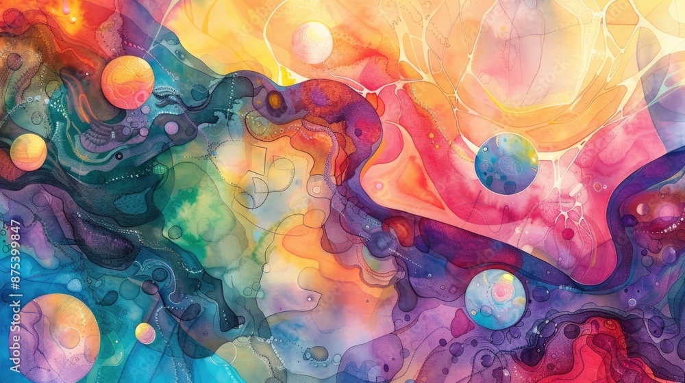 Poster vibrant abstract painting with colorful swirls and orbs, blending a spectrum of hues to create an en
