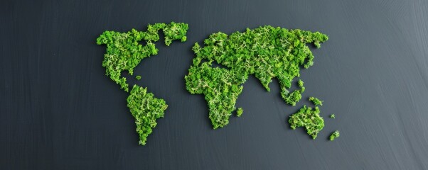 A world map created with green foliage on a dark background, symbolizing global environmental conservation and sustainability.