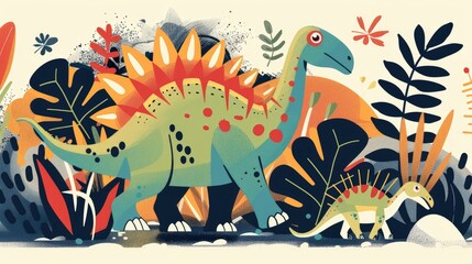 Hand drawn dinosaurs with stylistic colors