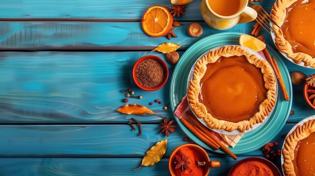 Friends laughing and enjoying homemade pies, spices scattered on table, joyful get-together