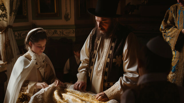 A mohel performing a Brit Milah ceremony with the family gathered around, emphasizing tradition with copy space