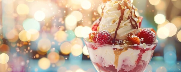 Delicious Dessert with Whipped Cream and Raspberries in Festive Lights