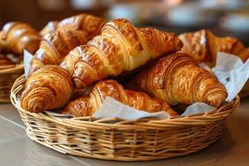 Pile of puffy and tasty croissants in basket