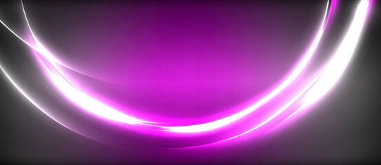 Neon glowing circle rays, light round lines in the dark, planet style neon wave lines. Energetic electric concept design for wallpaper, banner, background