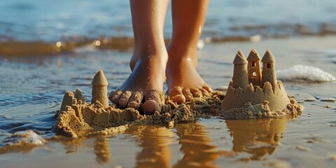 A child's feet are in the sand next to a sand castle generated by AI