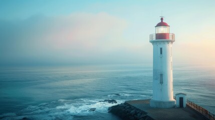 Lighthouse on the Coast, A Beacon of Hope in a Foggy Dawn