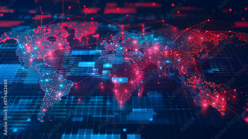 Poster digital world map with red and blue data points