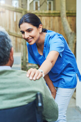 Nurse, support and elderly man for healthcare, empathy and love in retirement home. Kindness, woman...